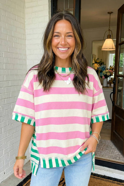 LAS Stripe Exposed Seam Patchwork Top Pink Stripe