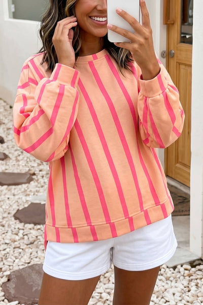 Stripe Dropped Shoulder Round Neck Sweatshirt: Pink Stripe