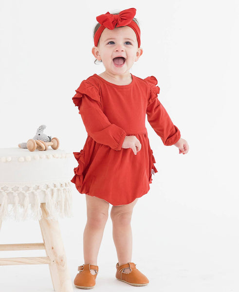 Baby Girls Red Knit Long Sleeve Flutter Bubble Romper: Red