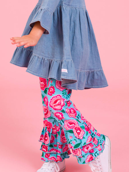 Girls Light Wash Denim Stretch Denim High Low Ruffle Tunic