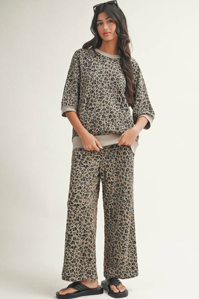 Spring Western Leopard Patchwork Pullover Wide Leg Pant Set: Khaki