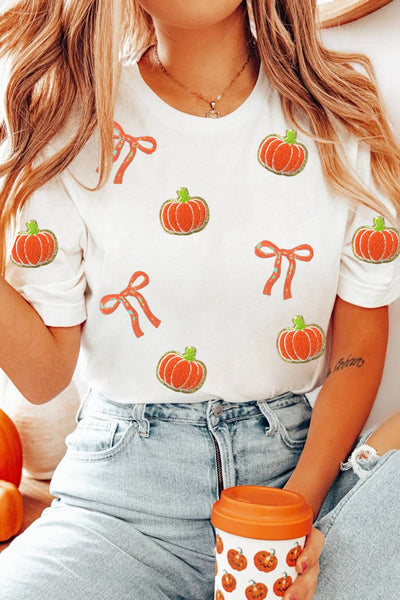 LDC Sequin Chenille Pumpkin Bow Pattern Casual Short T Shirt: White