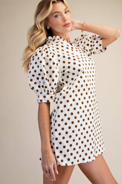 Ruffle V-Neck Puff Sleeve Polka Dot Mini Dress: white/black