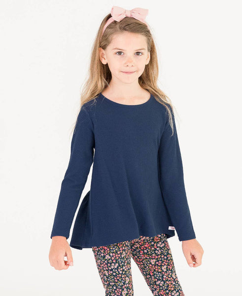 Girls Dark Navy Waffle Knit Long Sleeve Bow Back Top: Blue