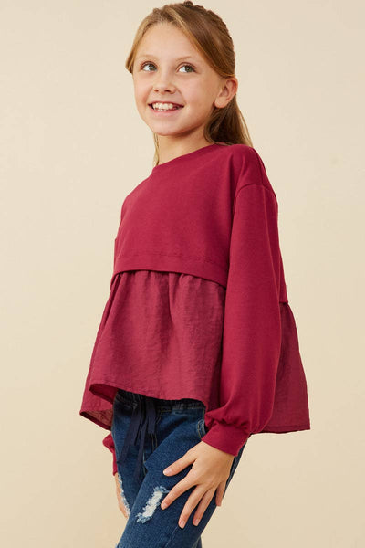 Girls Mix Media French Terry Knit Top: Berry