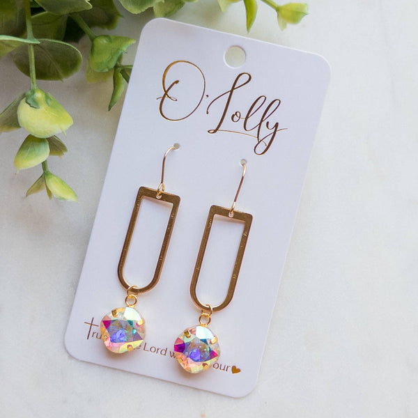 Open Gold Shaped Dangle Earrings w/AB Stone “Julie”