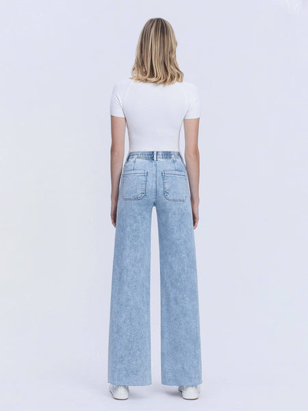 HIGH RISE DRAWSTRING WAISTBAND WIDE LEG JEANS F6065: CLEARLY