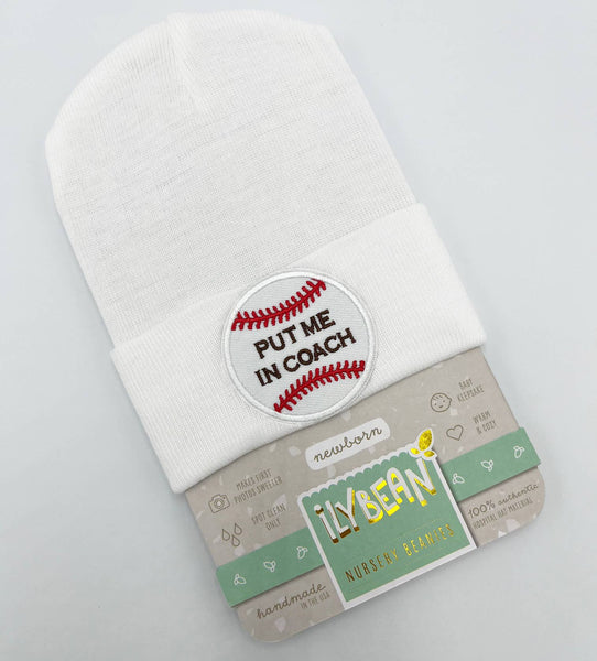 Put Me In Coach Baby Baseball Hat Newborn Baby Hospital Hat : White / Newborn
