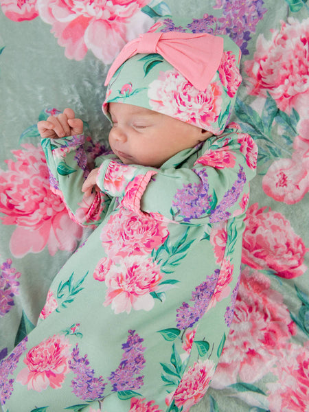 SoftSnooze™ Baby Girls Bamboo Viscose Sage Garden Ruffle Knotted Sleep Gown & Bow Hat Set: Green / Newborn-3m