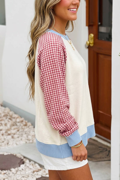 LDC Plaid Sleeve Colorblock Raglan Pullover Sweatshirt: Beige