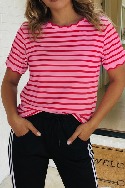 LAS Stripe Scalloped Trim Round Neck T Shirt Red