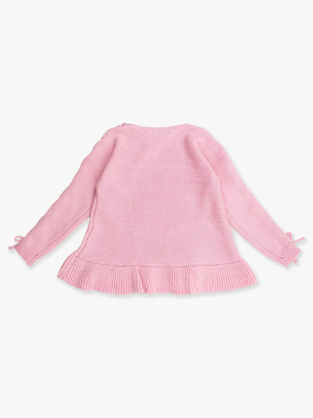 Girls Pink Ruffle Hem Lace Up Sweater