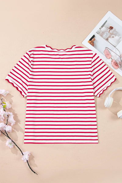 LAS Stripe Scalloped Trim Round Neck T Shirt Red
