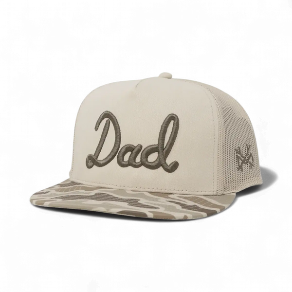 Dad Trucker Hat: 7 Panel Duck Camo/Brown/Duck Camo