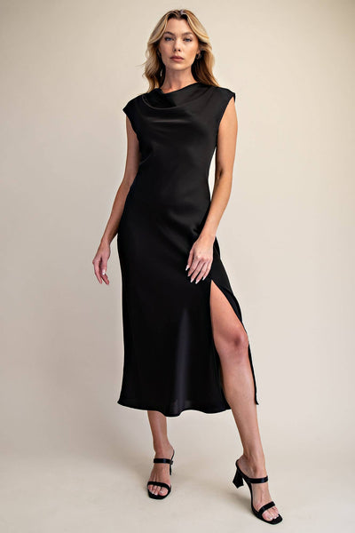 Short-Sleeve Cowl-Neck Slip Midi Dress: Cream