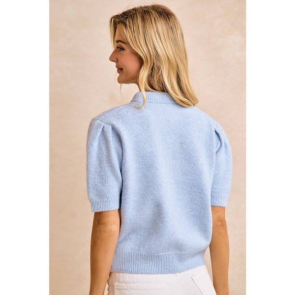 WOMENS LIGHT BLUE BOW TIE SHORT SLEEVE KNIT CARDIGAN