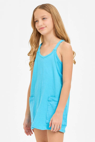 Relaxed Tank Dress with Built-In Romper Lining: Blue Aqua