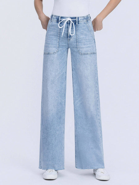HIGH RISE DRAWSTRING WAISTBAND WIDE LEG JEANS F6065: CLEARLY