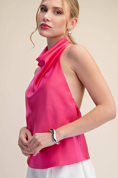 Halter Neck Cowl Neck Sleeveless Openback Satin Top: Dusty Blue / S