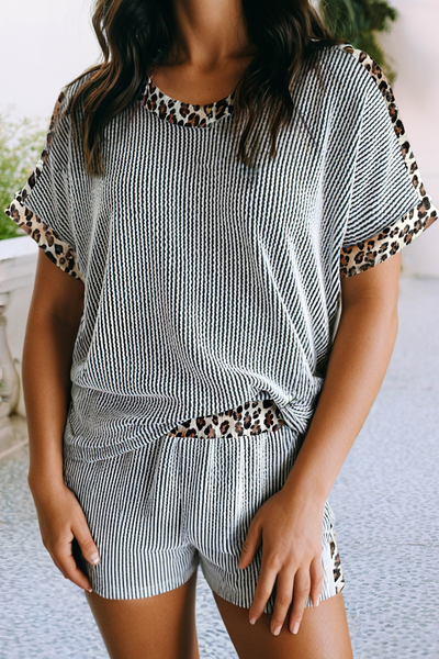 LDC Strpied Short Sleeve Leopard Two Piece Sets: Light Grey