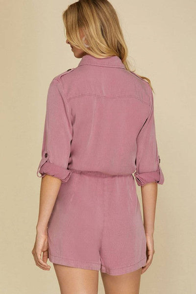 Reese Roll up Sleeve Flap Pockets Drawstring Romper: Peach Blossom / 70%Viscose+30%Polyester