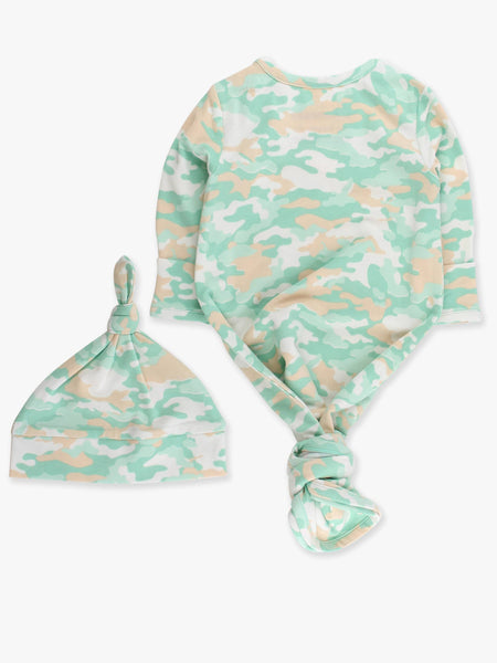 SoftSnooze™ Baby Cotton Modal Sage Trail Camo Knotted Sleep Gown & Hat Set: Green / Newborn-3m