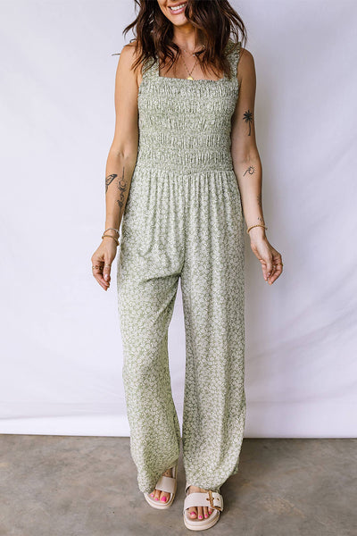 Floral Smocked Bodice Square Neck Sleeveless Jumpsuit Green