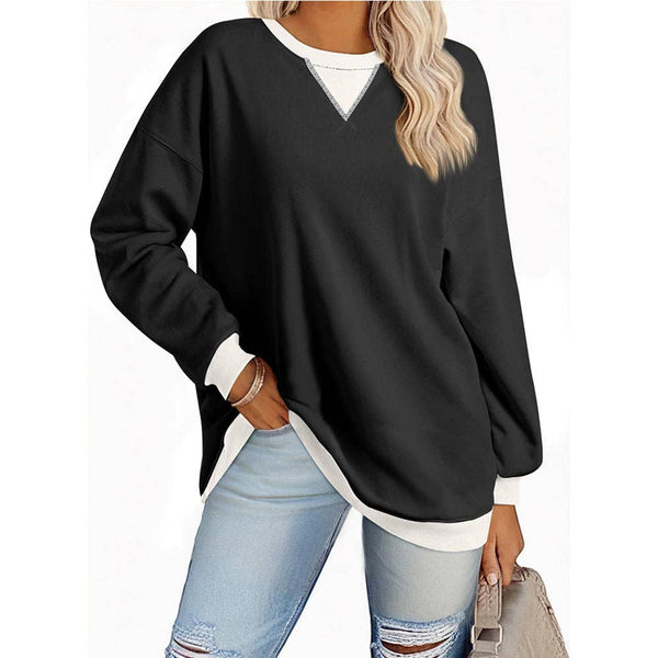 Solid Color Round Neck Fork Loose Sweatshirt Sweater: Off-white