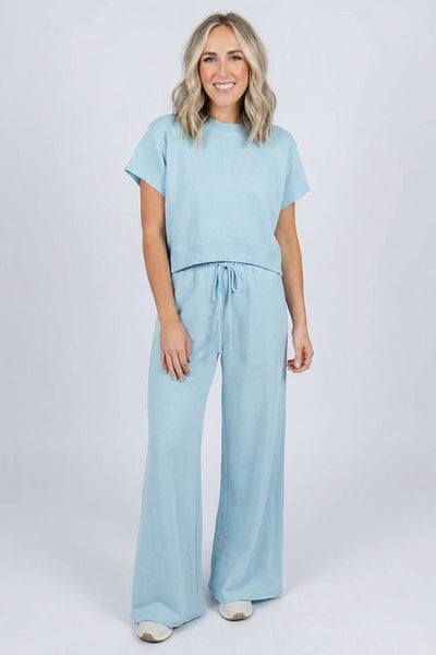 Soft Color Tee Drawstring Wide Leg Pants 2pcs Set green