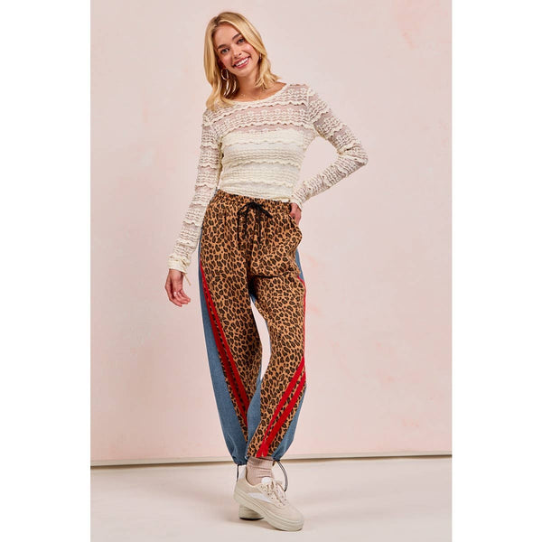 WASHED LEOPARD DENIM MIX AND MATCH JOGGER PANTS: LEOPARD/DENIM