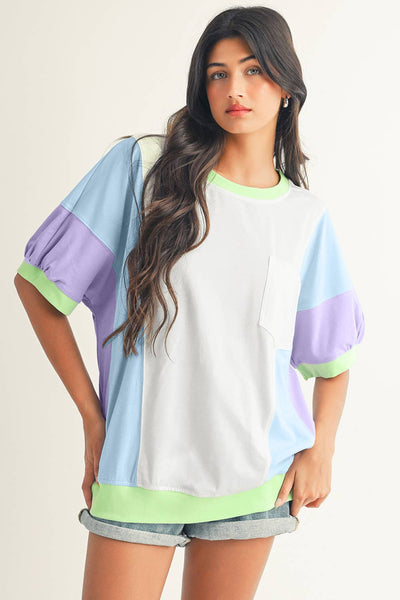 LDC Color Block Patchwork Half Sleeve Oversized T Shirt: Purple