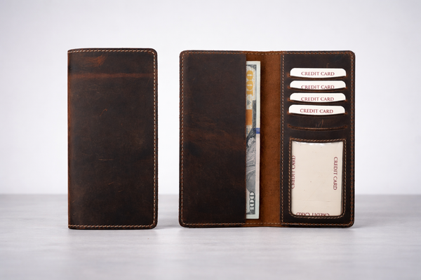 Genuine Leather Long Wallet Long Leather Bifold Wallet: Light Brown
