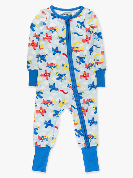 SoftSnooze™ Baby Bamboo Viscose Plane Parade Convertible One Piece Footie Pajama: Blue