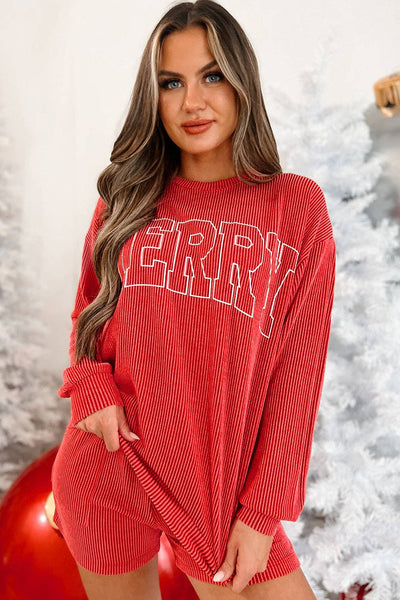 Corded MERRY Graphic Long Sleeve Top and Shorts Set: Racing Red