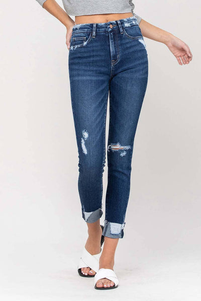 HIGH RISE DISTRESSED CUFFED CROP SKINNY JEANS V2173: ZEKE
