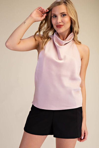 Halter Neck Cowl Neck Sleeveless Openback Satin Top: Dusty Blue / S
