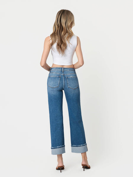 HIGH RISE MEDIUM DARK WASH CUFFED SLIM WIDE JEANS F5992: DARK STONE