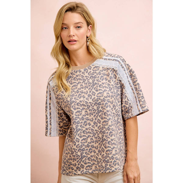 LEOPARD TERRY SIDE DETAIL SHORT SLEEVES TOP: