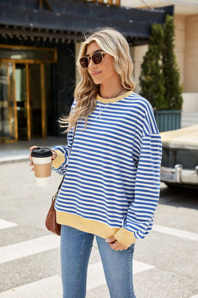 Striped Crew Neck Contrast Color Loose Long Sleeve Sweater: Blue and white stripes