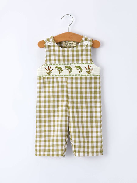 Green Plaid Fish Embroidered Smocked Baby Boy Romper: