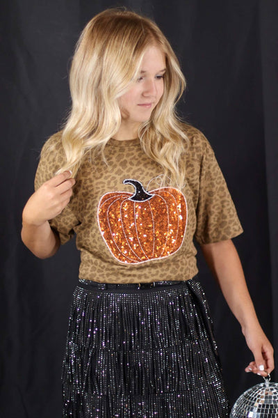 Pumpkin Fall Halloween Brown Leopard Short Sleeve: