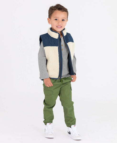 Boys Dark Navy Quilted Sherpa Vest: Blue