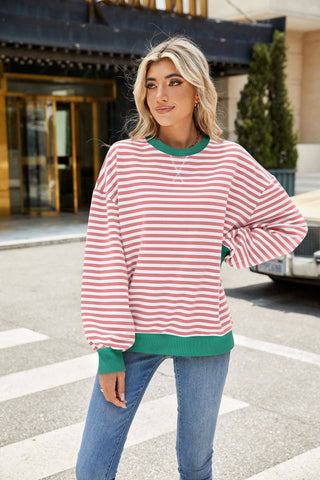 Striped Crew Neck Contrast Color Loose Long Sleeve Sweater: Pink and white stripes