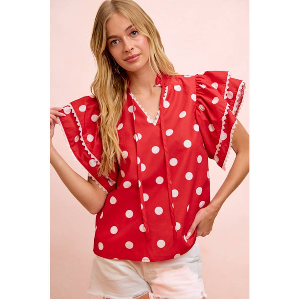 POLKA DOT PRINTED RUFFLE TRIM EDGE BLOUSE TOP: RED / S