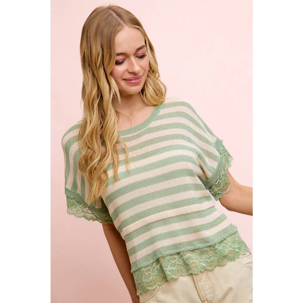 STRIPED CONTRAST LACE DETAIL LIGHTWEIGHT KNIT TOP: PALE BANANA / M