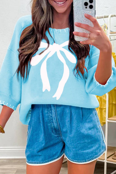LDC Spring 2026 Bow Contrast Stitch Trim Sweater: Light Blue