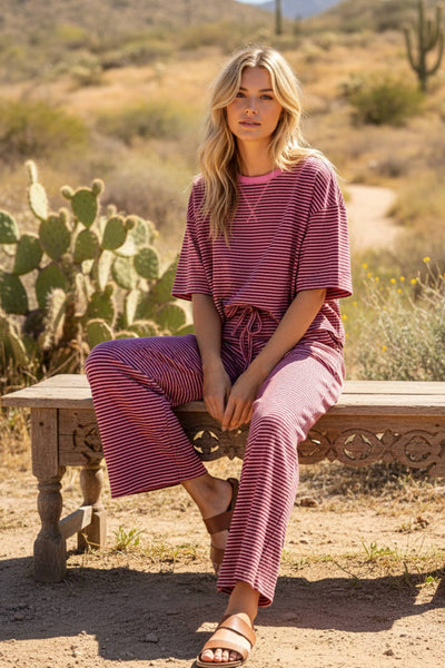 Striped Knit Top and Pants Set: HEATHER GREY/WHITe