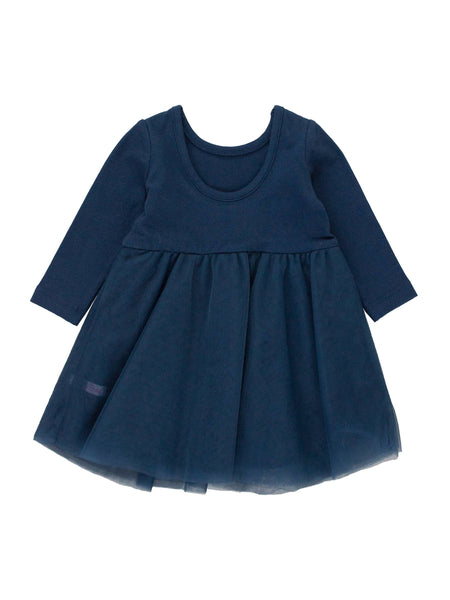 Girls Dark Navy Long Sleeve Tulle Twirl Dress: Navy