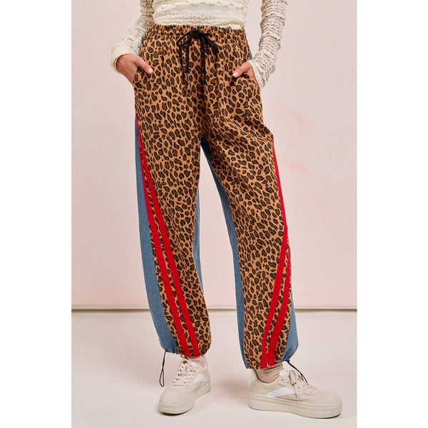 WASHED LEOPARD DENIM MIX AND MATCH JOGGER PANTS: LEOPARD/DENIM