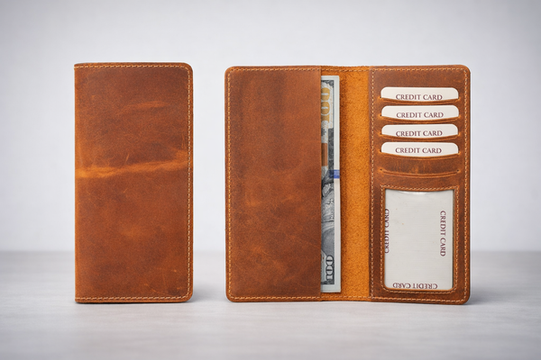 Genuine Leather Long Wallet Long Leather Bifold Wallet: Light Brown